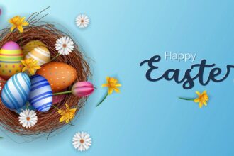 happy easter banner sky blue background with nest eggs and flowers illustration free vector wp